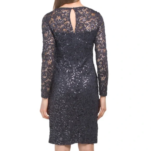 Illusion Neck Sequin Lace Dress - Picture 3 of 7